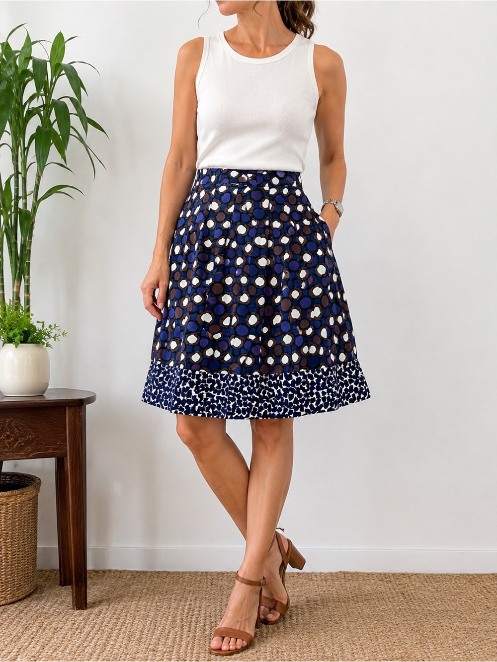 Focus 2000 Petite Abstract Print A-Line Skirt Blue Brown White 10P